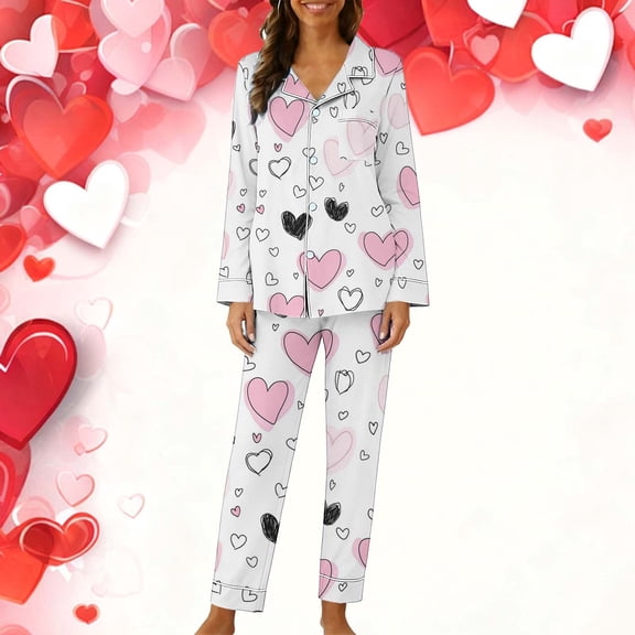 YTCAMLO 2 Piece Valentines Womens Pajama Sets Casual Long Sleeve Shirts Pj Pants Button Down Sleepwear Cute Festival Printed Pj Sets, White1 XL