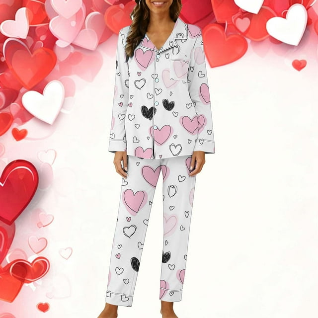 TaTaai Women's Valentine's Day Printed Lapel Loungewear Set, Long Sleeve Top and Pants Pajama Outfit, Casual Sleepwear Gift