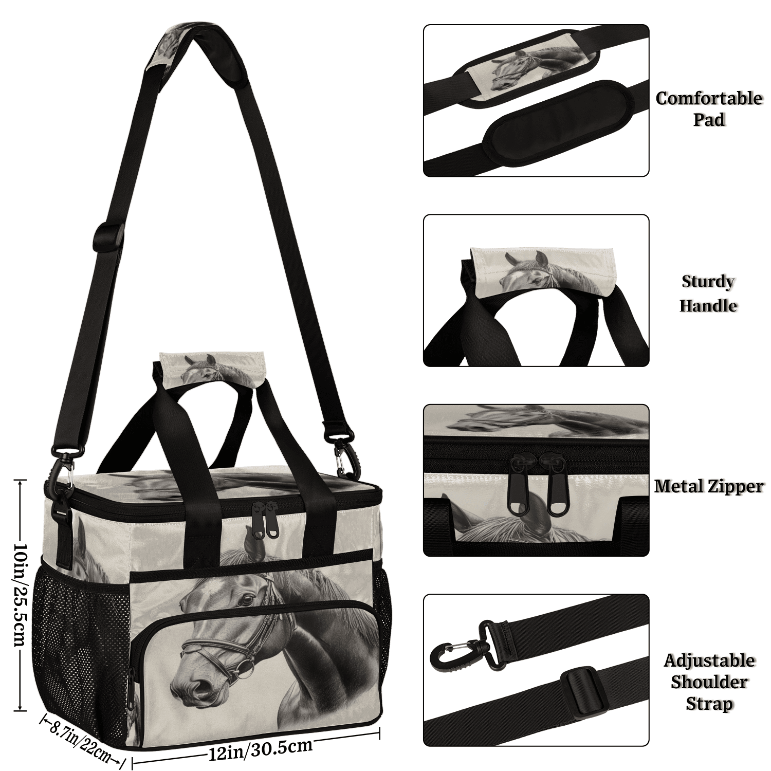Herdesigns Horse Print Large Lunch Box for Adults Women Men with Adjustable Shoulder Strap, Insulated Reusable Lunch Bag Leakproof Cooler Tote Bag