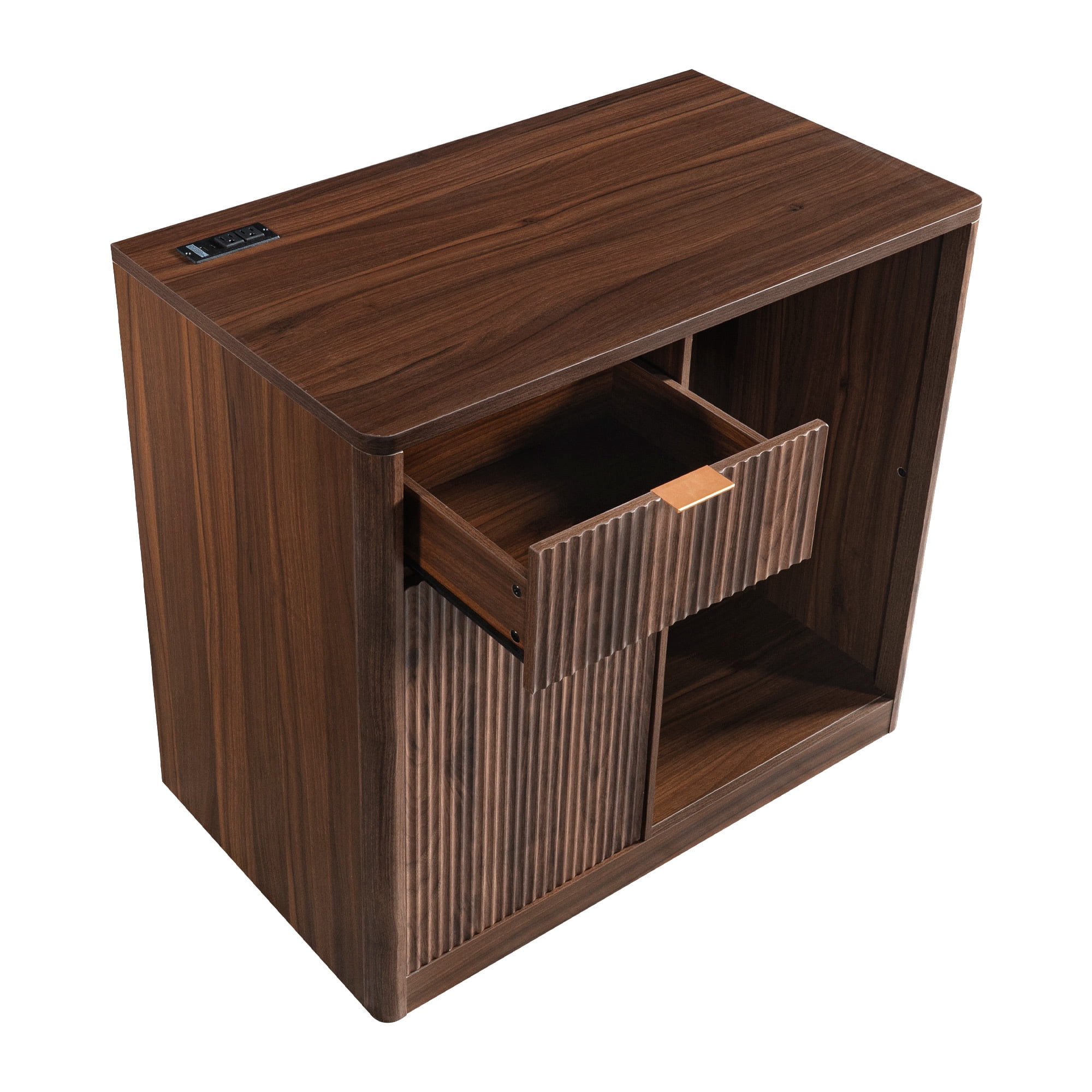 Euroco 39.4" Coffee Bar Cabinet with Mini Fridge Space,Fluted Sideboard Buffet & Liquor Cabinet with Charging Station and Wine Glass Holder for Living Room Kitchen,Walnut Brown