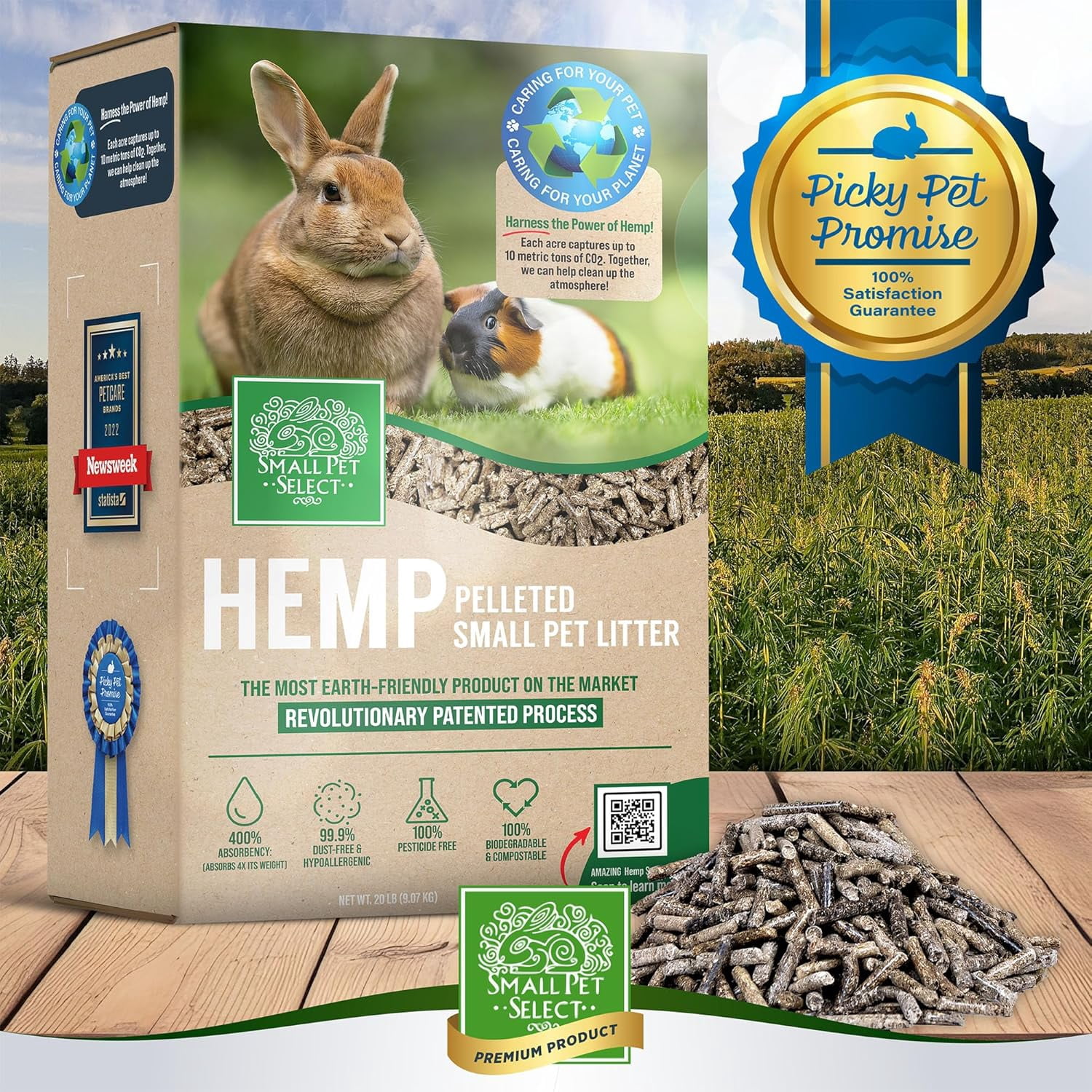 Small Pet Select - Hemp Pelleted Bedding, Biodegradable Animal Bedding, Eco Friendly Odor Control for a Rabbits, Hamsters, Guinea Pigs, and Other Small Pets, 20 lb
