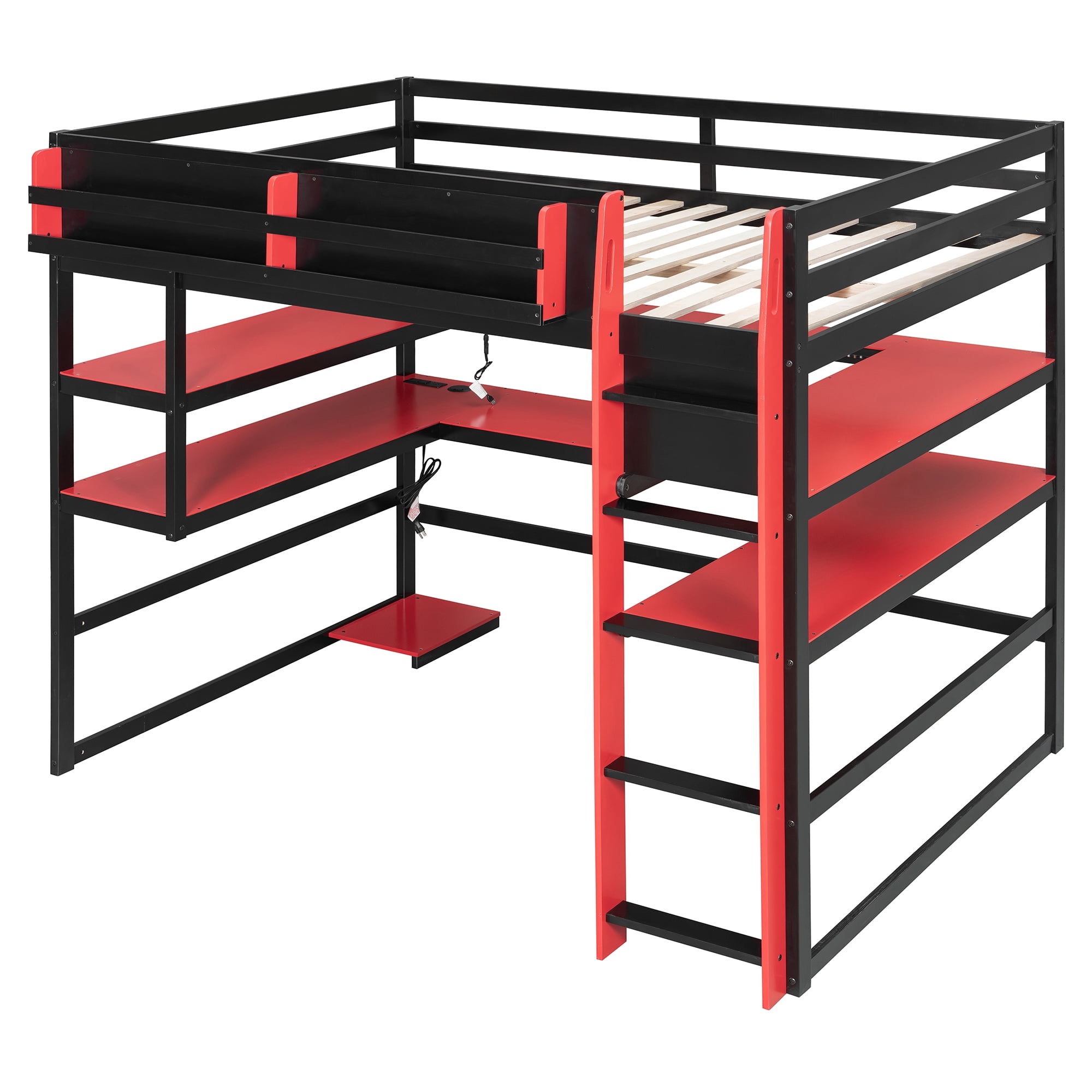 Mintazer Full Size Gaming Loft Bed with U-Shaped Desk & LED Lights, Modern Bed Frame with Shelves & Charging Station for Dorm Bedroom Apartment, Black & Red