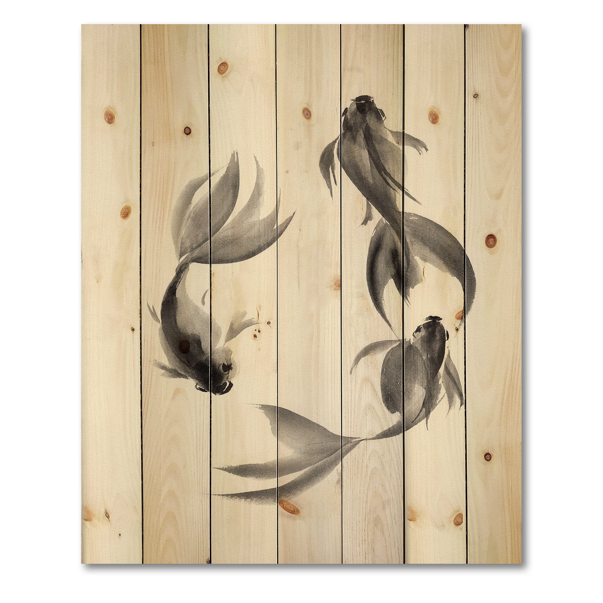 Designart 'Black and White Vintage Fish III' Nautical & Coastal Print on Natural Pine Wood