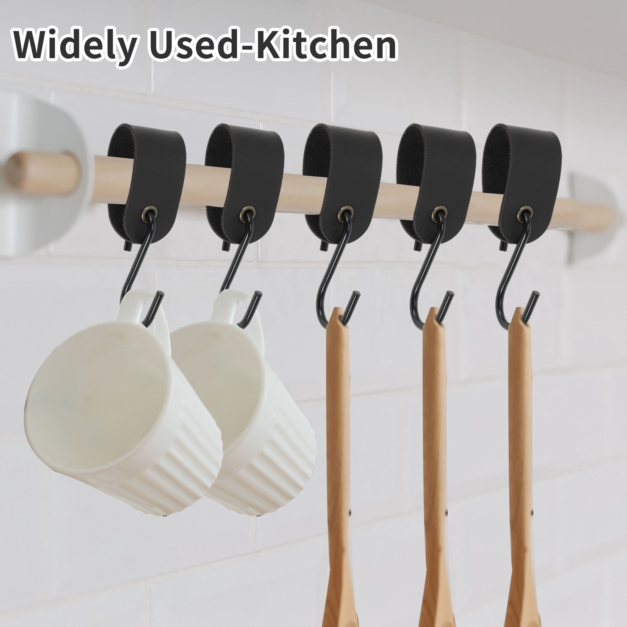 Unique Bargains Pack of 5 S Hooks with Leather Loop for Wardrobe All Black
