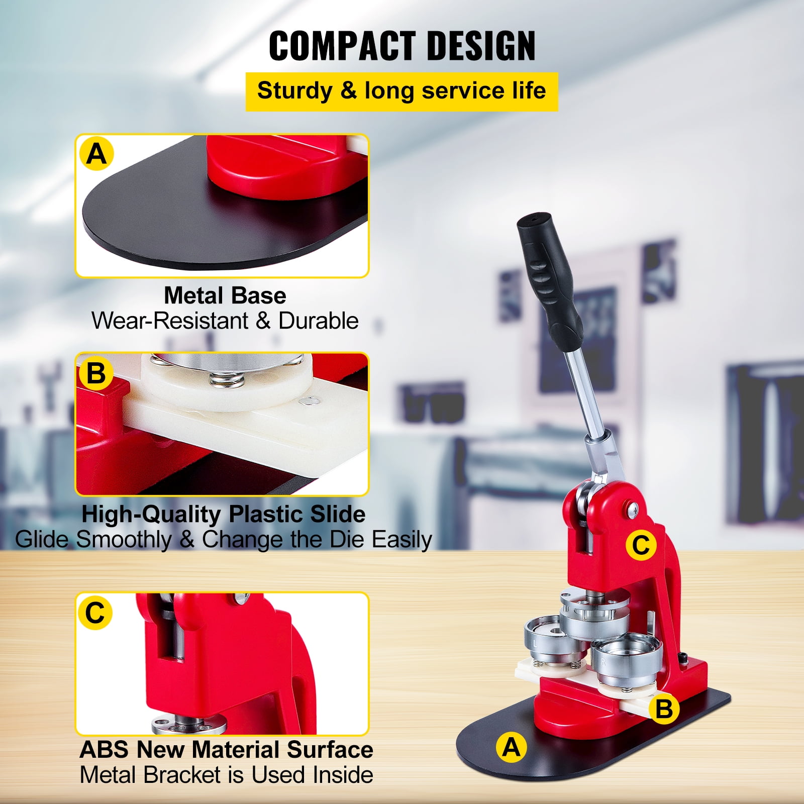 VEVORbrand Button Maker Machine 44 mm Button Badge Maker 1.73 Inch Red Pins Punch Press Machine With 1000 Pcs Circle Button Parts And Circle Cutter