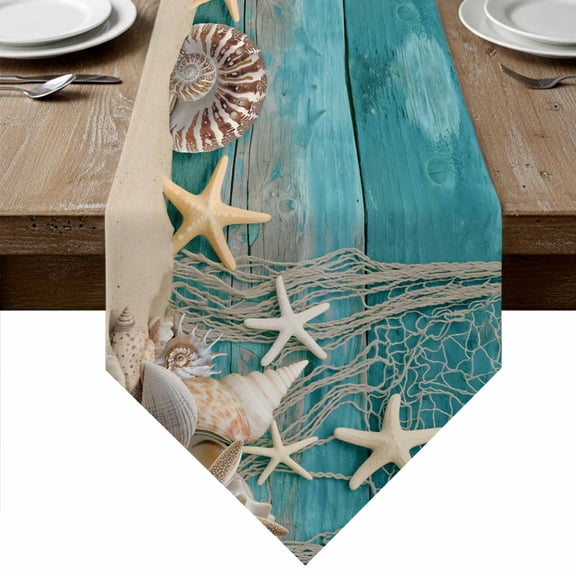 Teal Beach Coastal Table Runner Linen Burlap Table Runner 72 Inches Long Summer Ocean Starfish Shell Conch Dresser Scarves for Kitchen Island Coffee Dining Party Wedding Banquet Holiday Decor 16"x72"