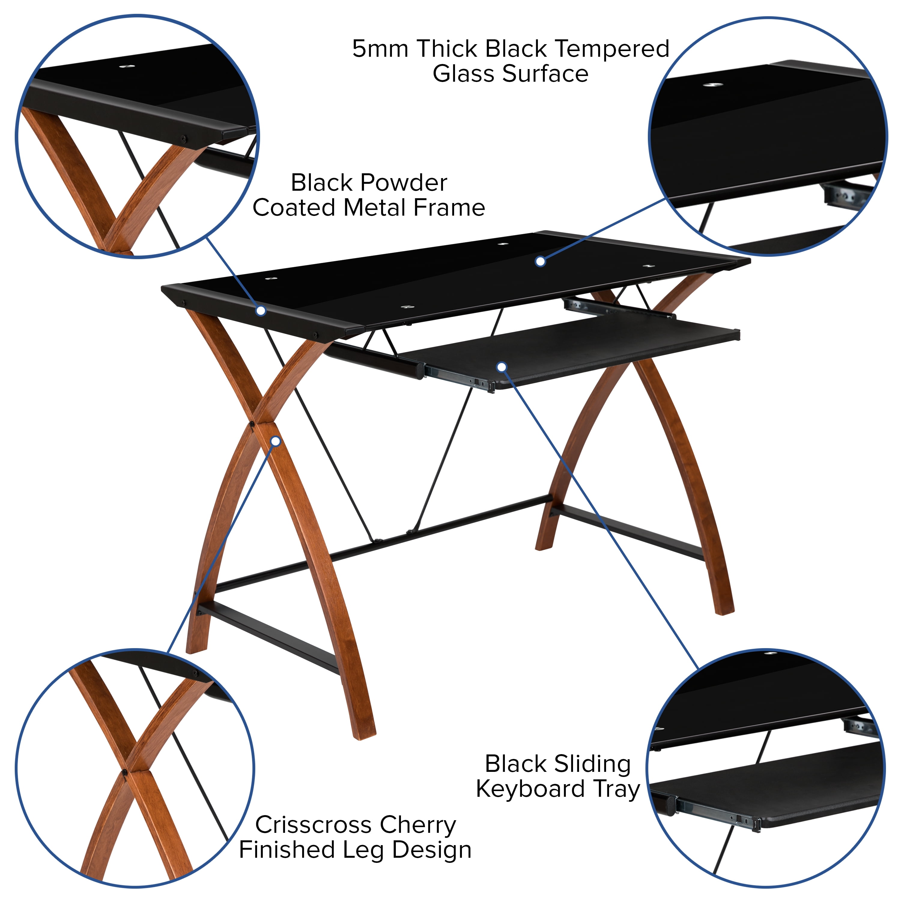 Emma + Oliver Black Glass Computer Desk with Pull-Out Keyboard Tray and Crisscross Frame