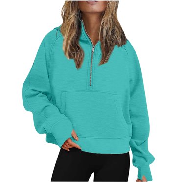 Jsaierl Chandails à Capuchon Courts pour Femmes à Quart de Glissière, Chandail à Enfiler Automne Hiver en Molleton Doux, Chandails Molletonnés avec Poches, Hauts de Sport Athlétiques Quotidiens
