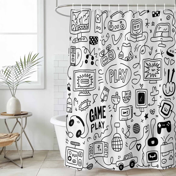 Video Game Waterproof Fabric Shower Curtain,Black White Game Controller Monochrome Waterproof Fabric Shower Curtain for Bathroom Curtains Bathtubs Hotel Shower Curtains with 12 Hooks Extra Long 72x96