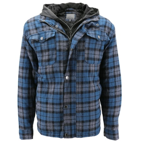 vkwear Men's Quilted Lined Cotton Plaid Flannel Layered Hoodie Jacket (Blue,