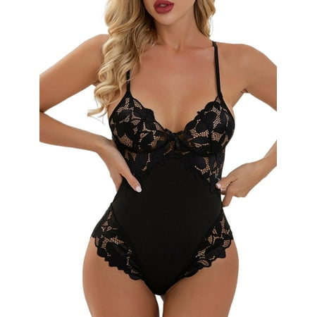 

Wrcnote Women Lingerie Deep V Sleepwear Lace Bodysuit Sleeping Teddy Babydoll Floral Nightwear Black 2XL