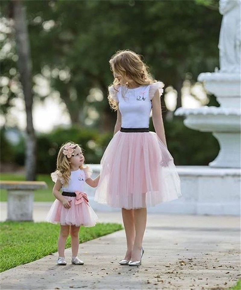 Mother Daughter Tutu Skirt Dresses Women Kid Girl Lace Party Gown Bubble Skirt 