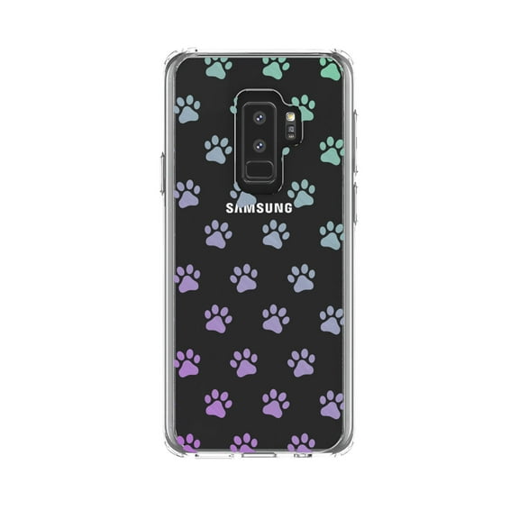 DistinctInk Clear Shockproof Hybrid Case for Samsung Galaxy S9  PLUS (6.2" Screen) - TPU Bumper, Acrylic Back, Tempered Glass Screen Protector - Graident Pawprints - Purple to Green
