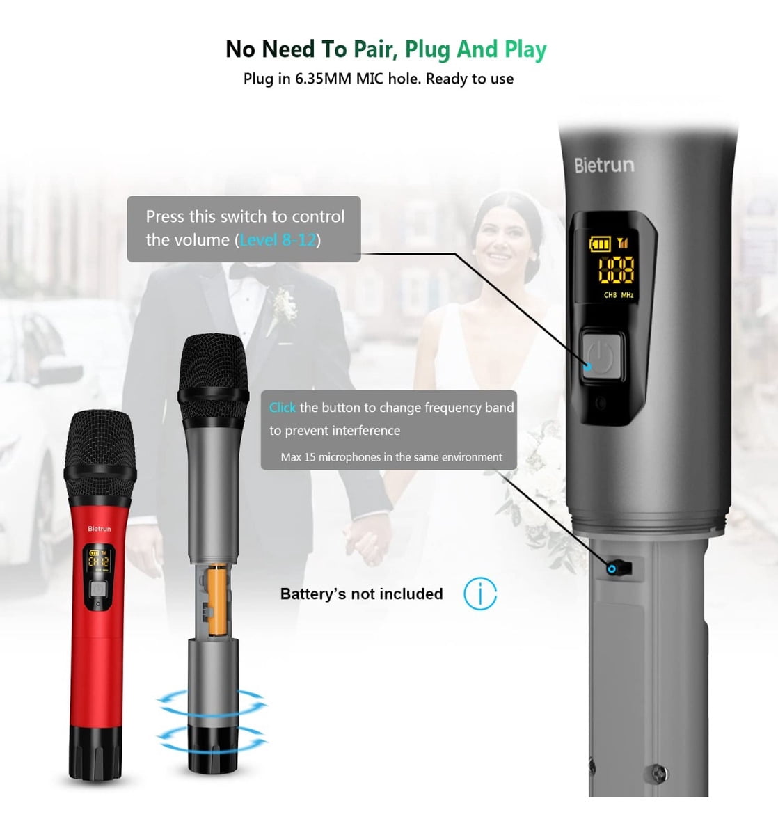 Wireless Microphone, Bietrun UHF Metal Dual Handheld Cordless Dynamic Mic System with Rechargeable Receiver, 1/4‘’Output, for Karaoke, Church, Speech, Wedding, Party Singing(160 ft Range)