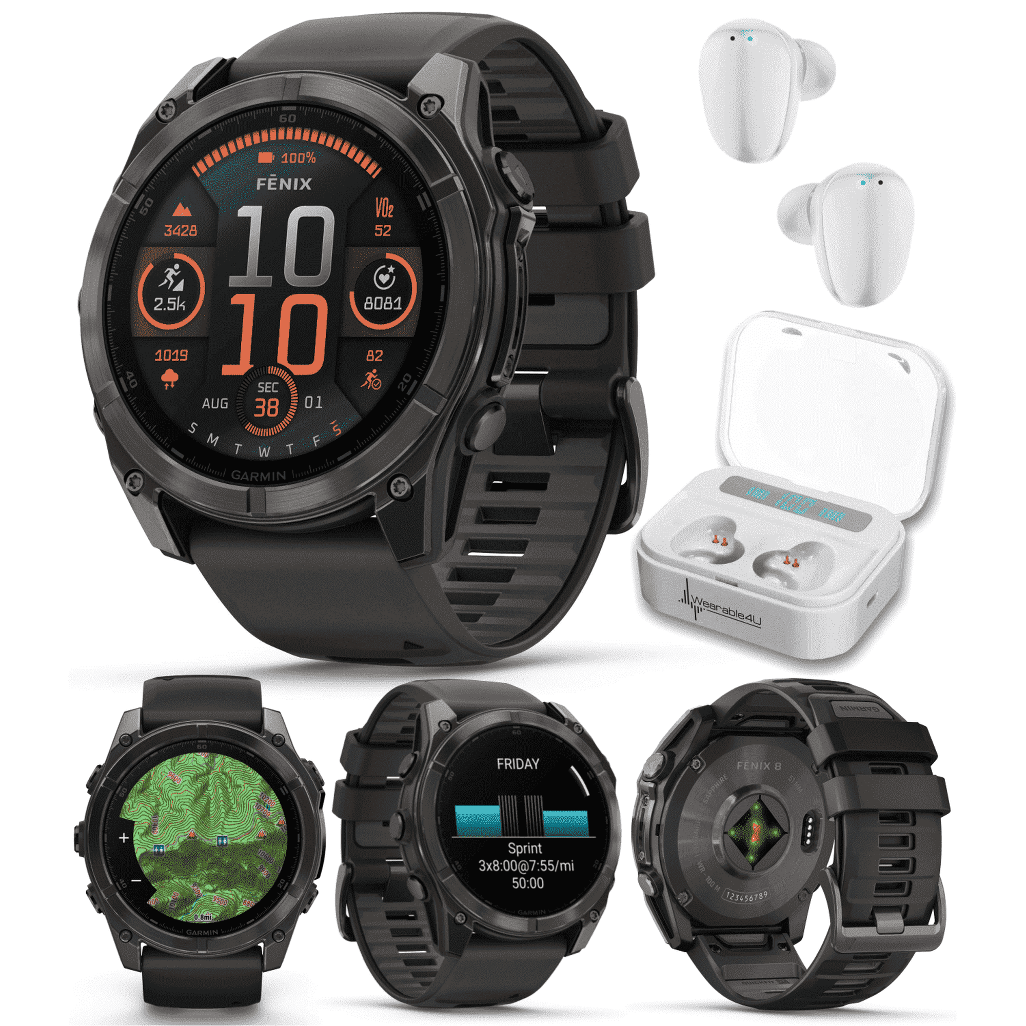 Garmin Fenix 8ÂÂ 51 mm, AMOLED Multisport GPS Smartwatch, Sapphire, Carbon Gray DLC Titanium with Black/Pebble Gray Silicone, Built-in LED Flashlight with Wearable4U White EarBuds Bundle
