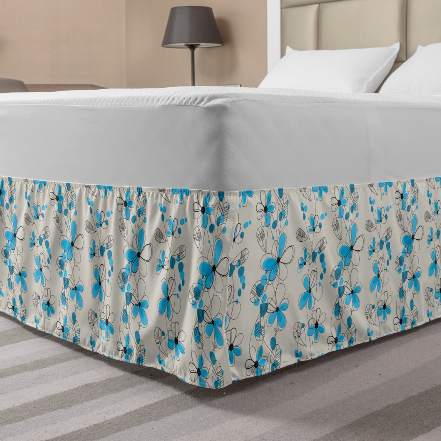 Grey and Blue Bed Skirt, Childish Drawing of a Field with Blue Daisy