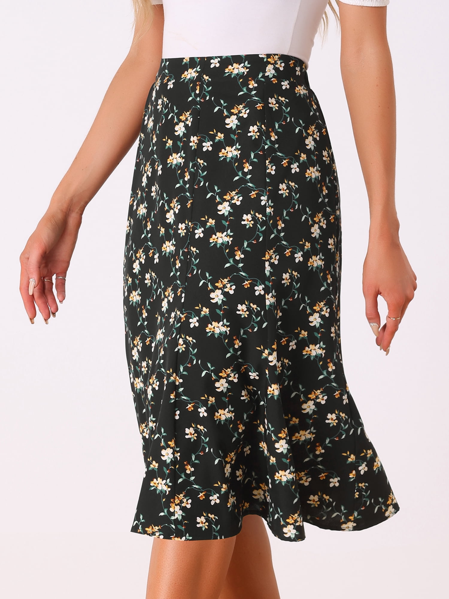 DARING DIVA Women's Elastic Waist A-Line Floral Print Midi Skirt S Black White