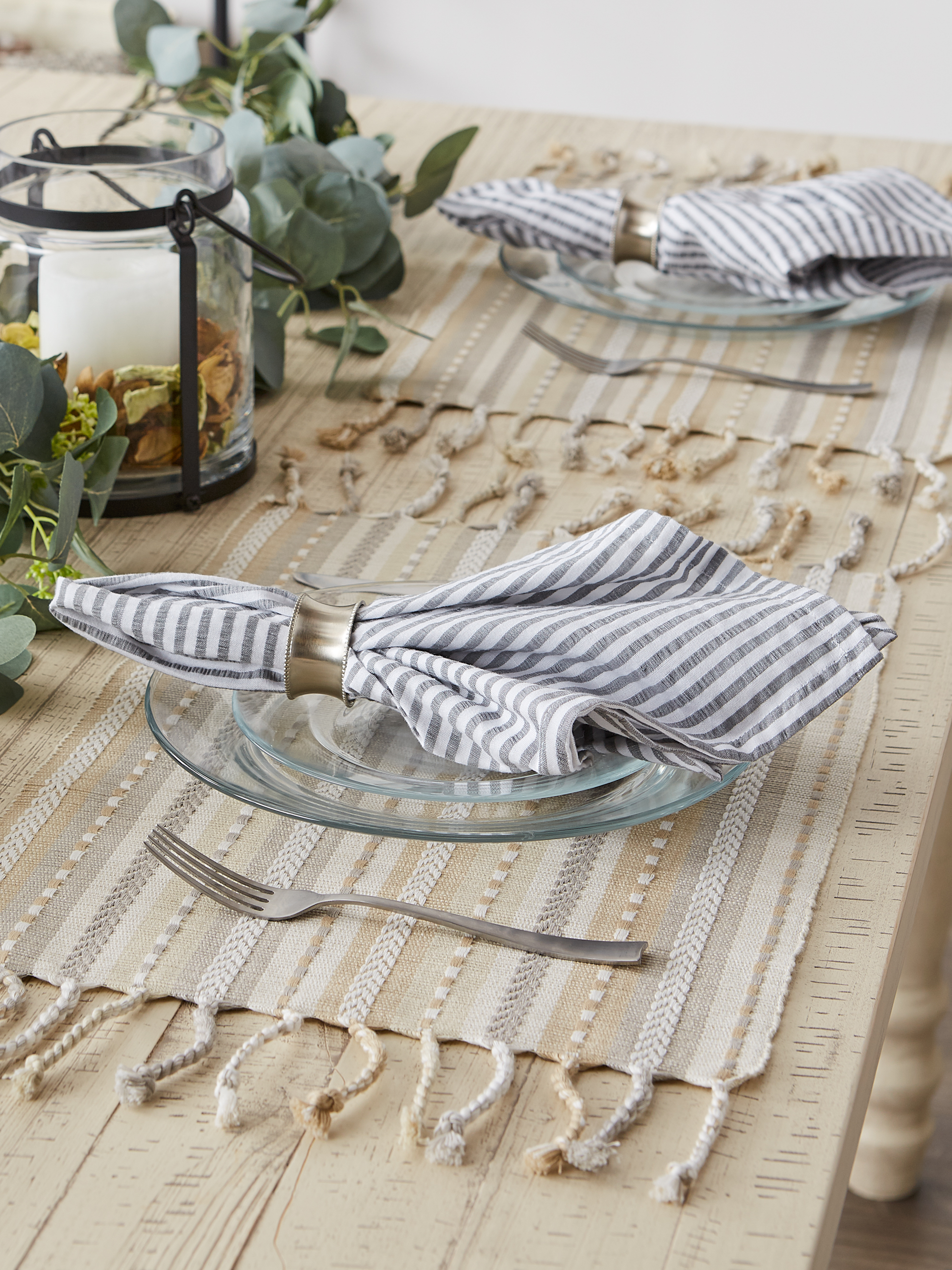 Natural Tonal Stripe With Fringe Placemat (Set of 6)
