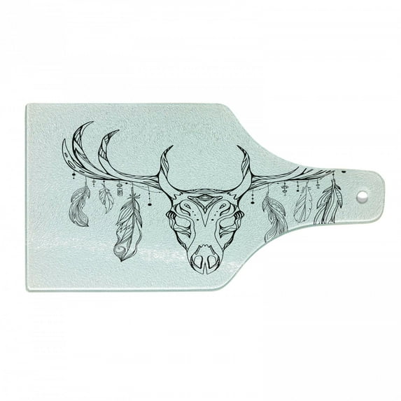 Antlers Cutting Board, Illustration of a Deer Skull Bone and Feathers Boho Pattern Tribal, Decorative Tempered Glass Cutting and Serving Board, Wine Bottle Shape, Charcoal Grey White, by Ambesonne