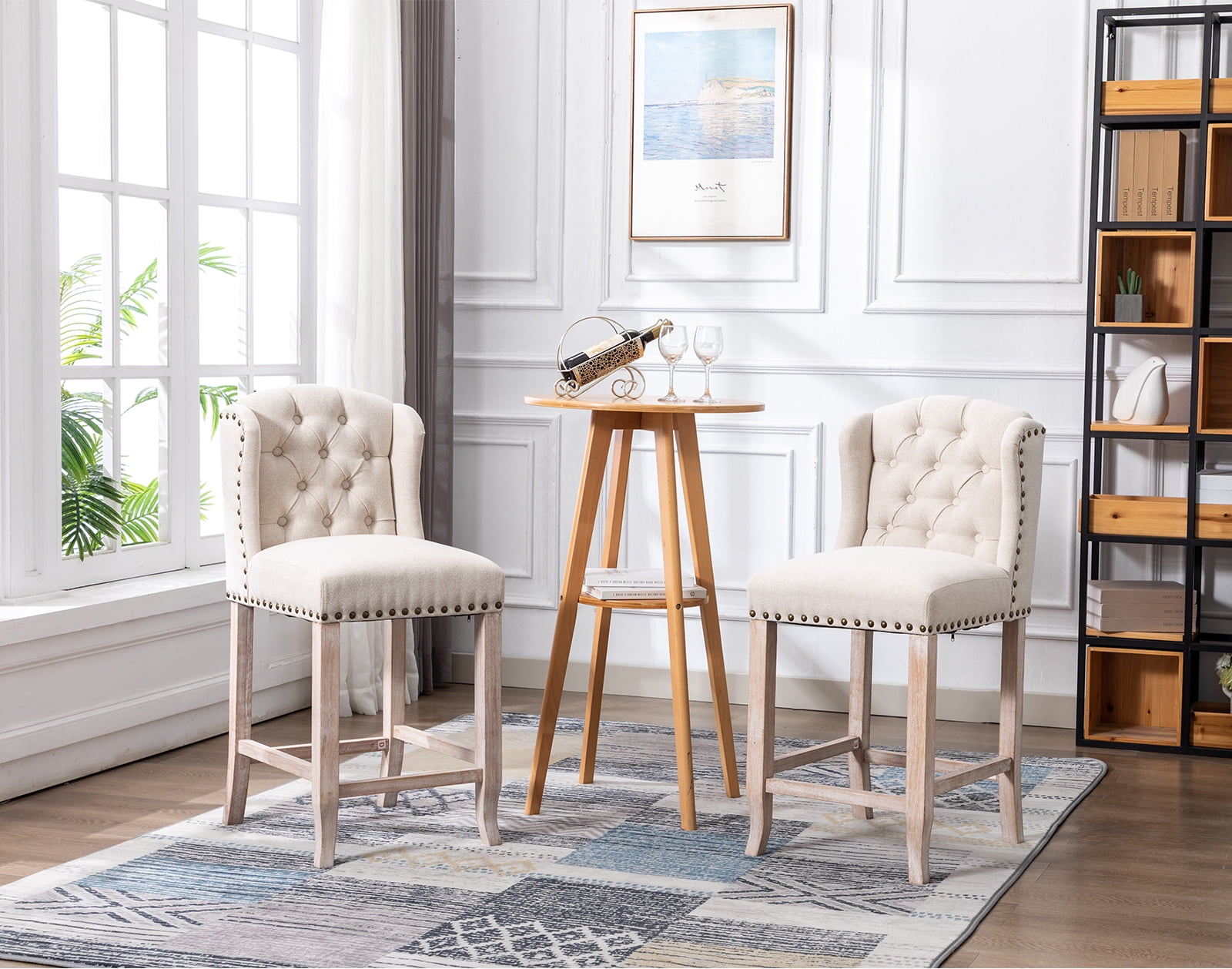 Guyou Modern Tufted Bar Stool Set of 2, 26" Counter Height Bar Stool with Back and Nailhead Trim, Linen Upholstered Solid Wood Kitchen Island Chair Barstools for Bar Restaurant Cafe Dining Room, Beige