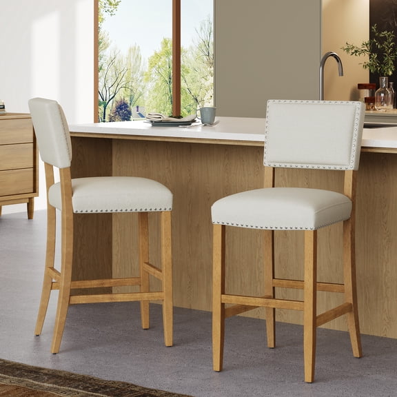 Christopher Knight Home 44.5"H Modern Bar Stools with Rivet Decoration Set of 2, Rubberwood Frame, Beige