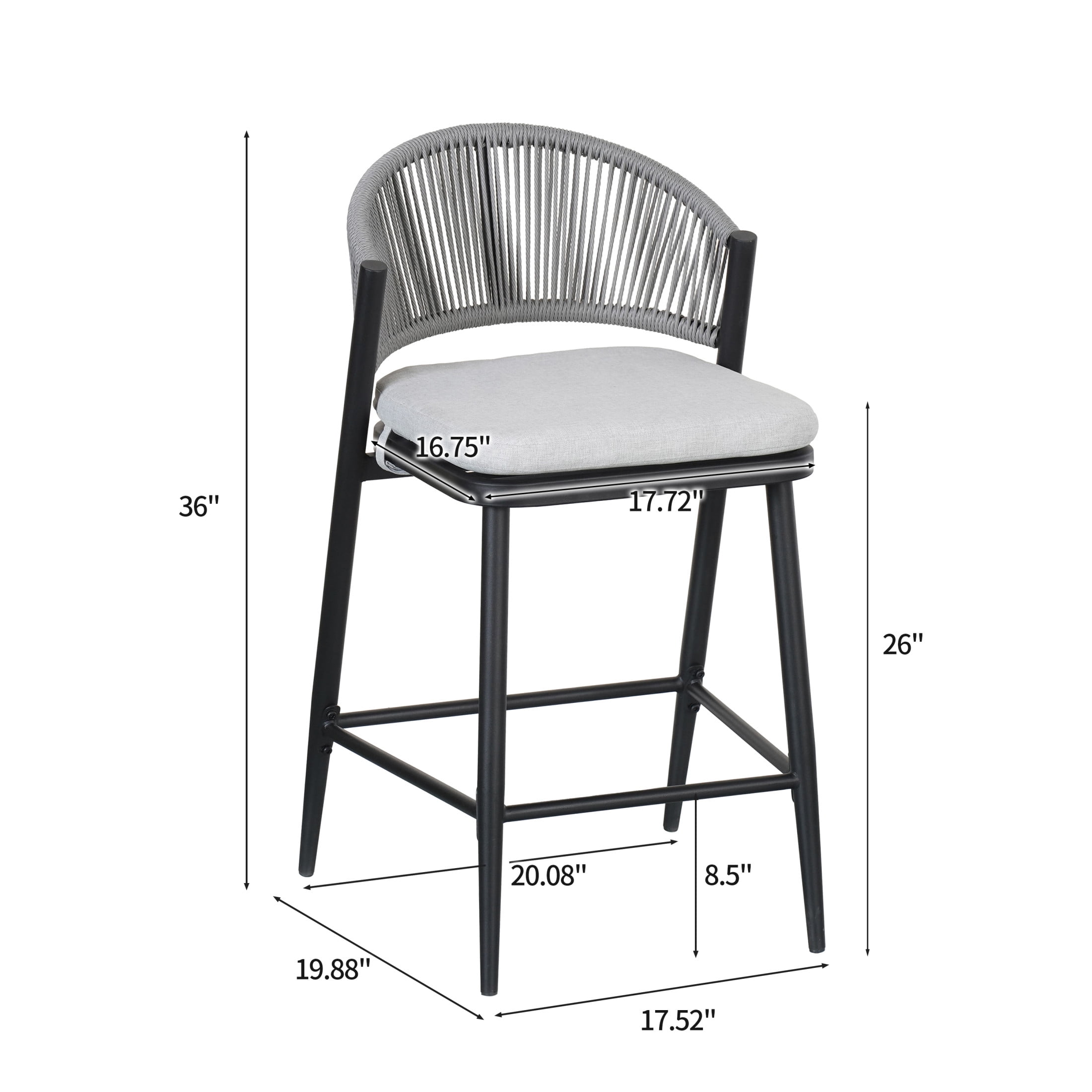Amara Modern Outdoor Patio 26"H Counter Stools with Wicker Backrest, Iron Frame, Water-Resistant Cushion, Matte Black, Set of 4
