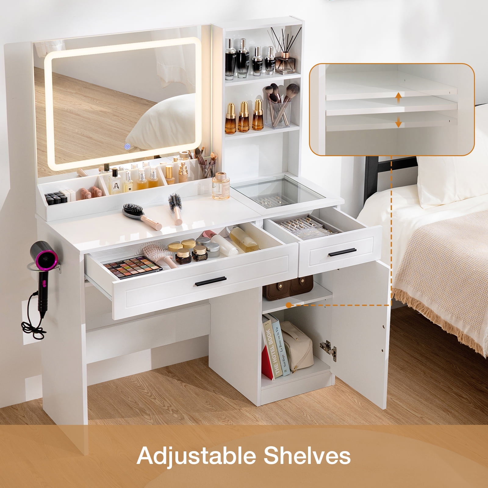 Hommpa Vanity Desk, Makeup Vanity with LED Lighted Mirror, Vanity with Glass Top Drawers, Vanity Table with Charging Station for Girls Bedroom Large Storage Cabinet Shelves, White