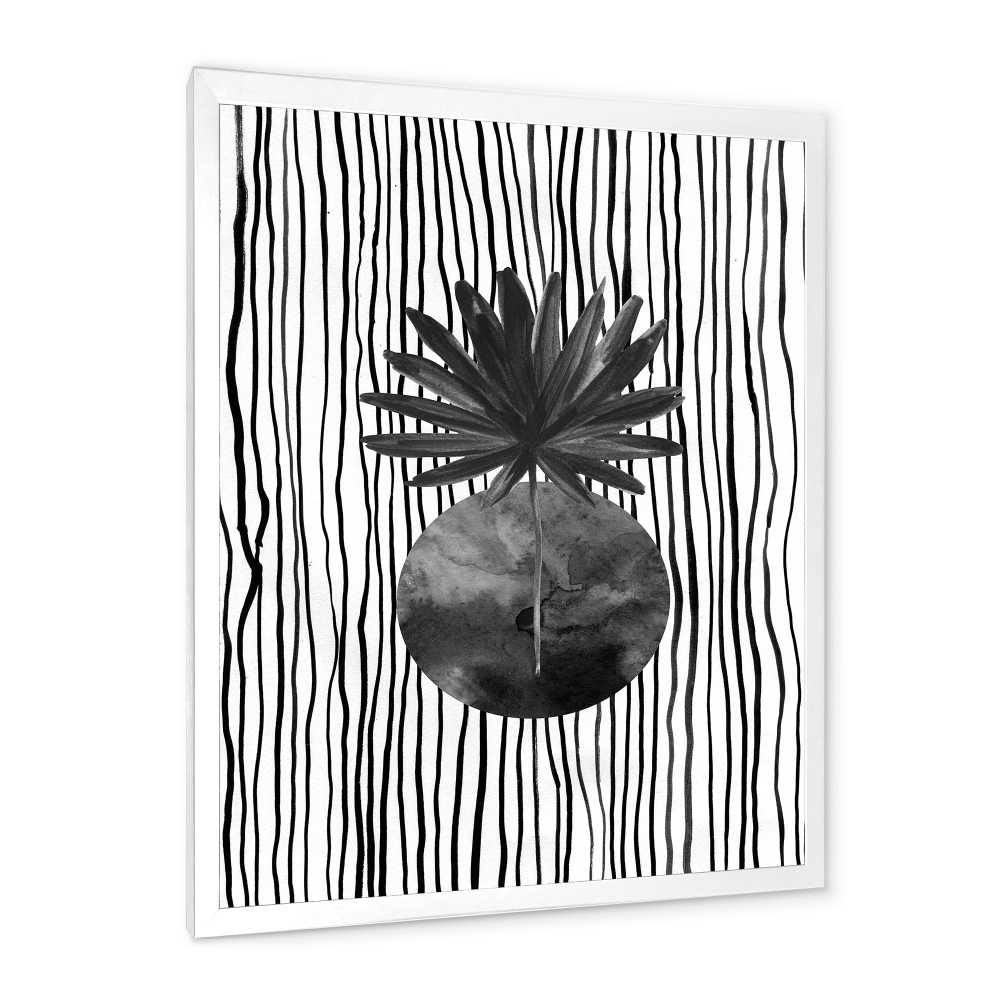Designart 'Black and White Striped Under Tropical Leaf I' Modern Framed Art Print