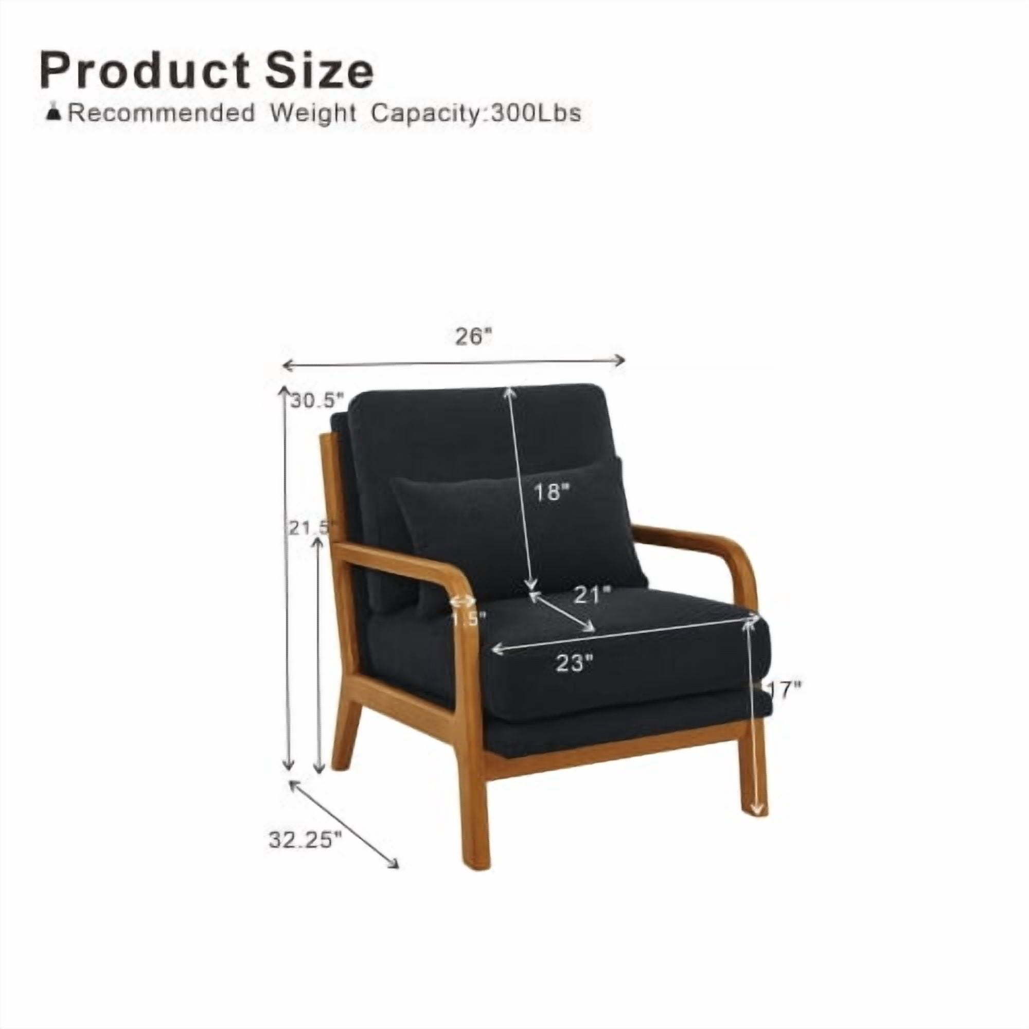 Wooden Lounge Chair with Solid Wood Armrests, Mid-Century Modern Single Sofa for Living Room, Bedroom, Balcony, Office, Black
