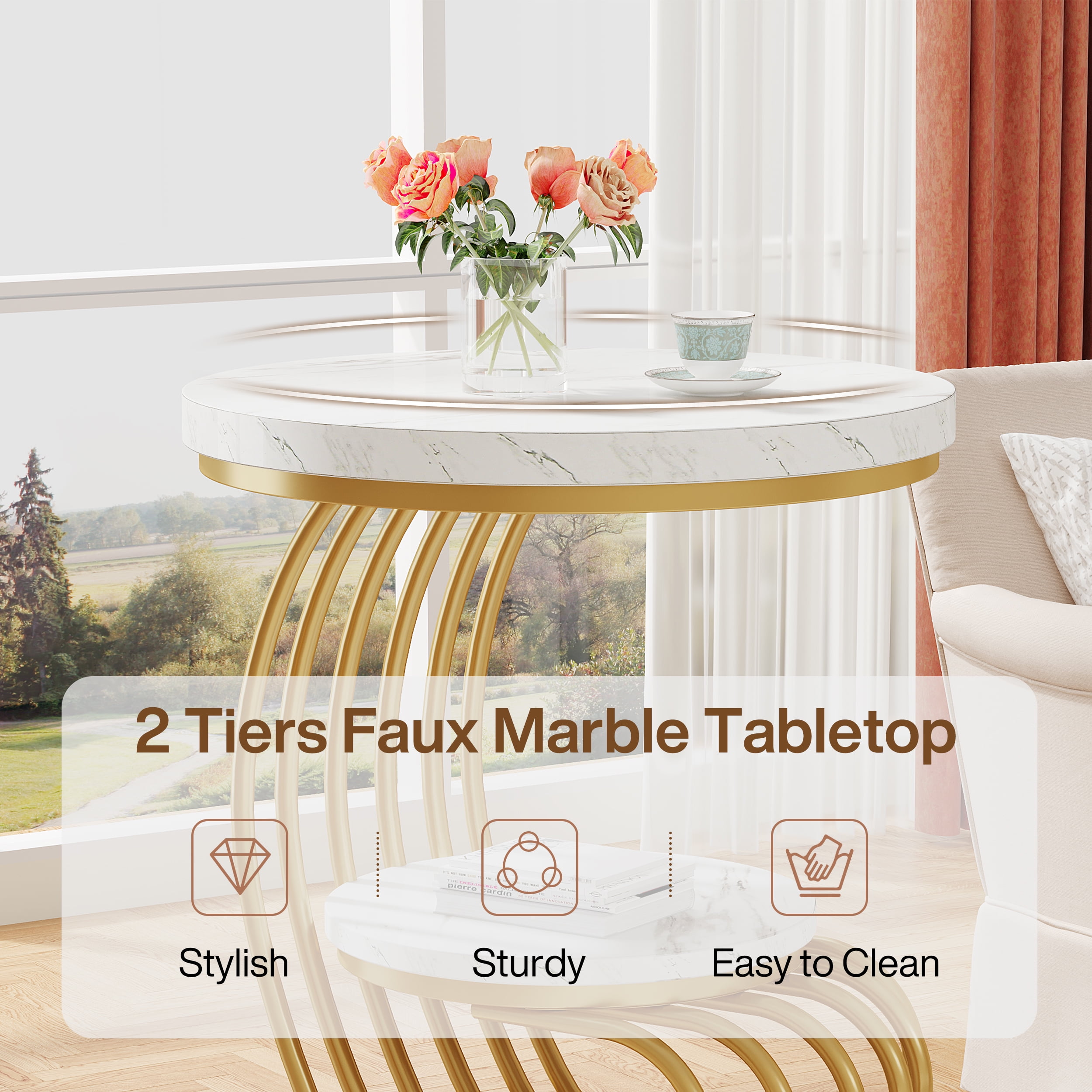 Tribesigns Gold Round End Table, 2 Tiers Faux Marble Side Table with Storage Shelf, Metal Arc-Shaped Frame Accent Table for Living Room, Bedroom