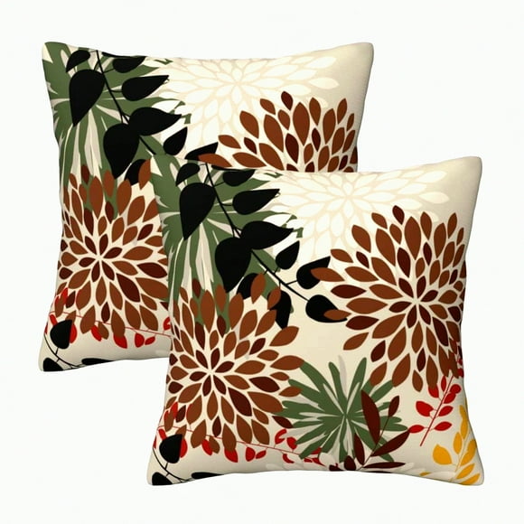 Floral Linen Cushion Covers - Brown Green Dahlia Throw Pillow Cases - Decorative 18x18 Inch Pillow Covers for Bed, Living Room, Couch, Car