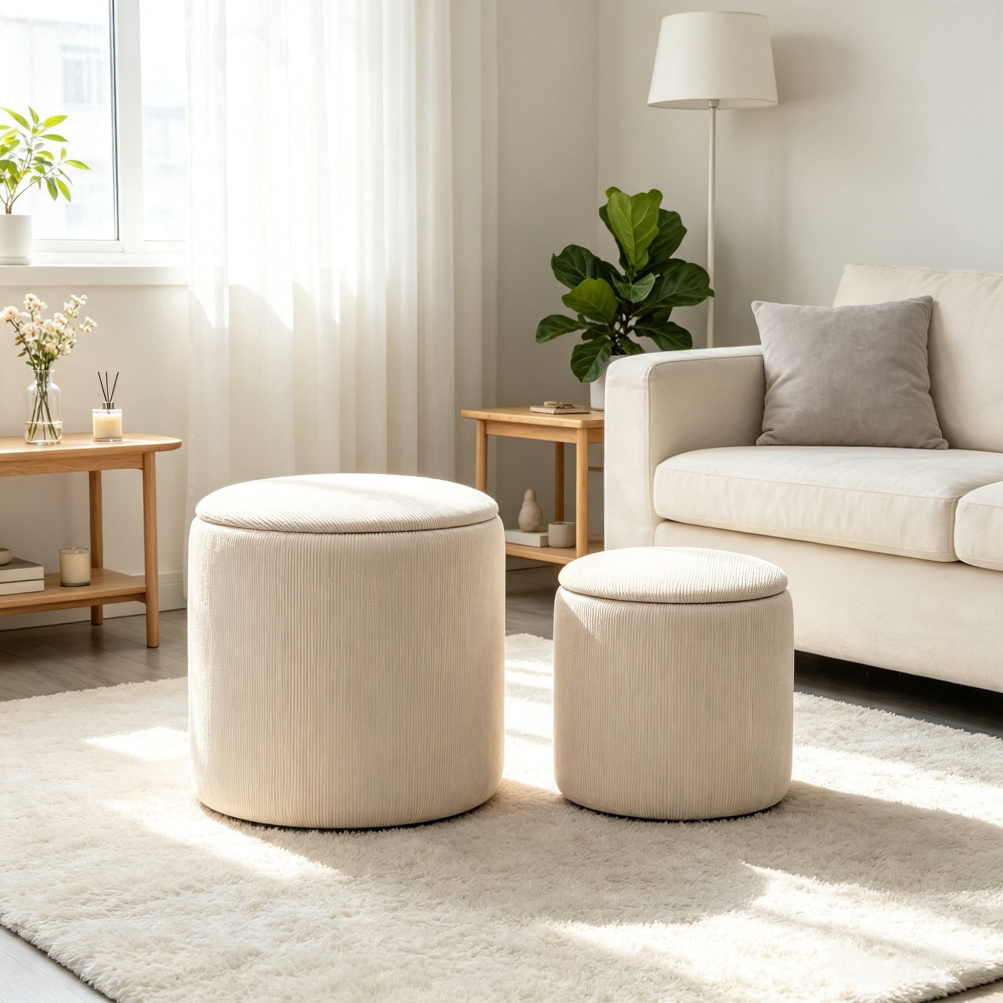Cream White 2-Piece with Storage Stool, Removable Wood Lid, Hidden Space