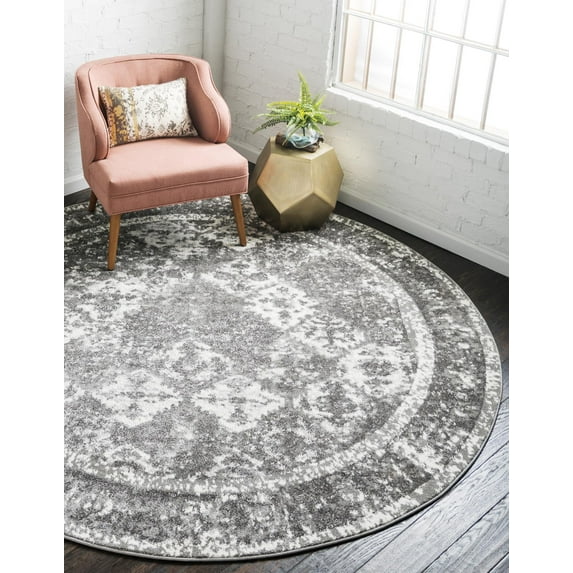 Rugs.com Brighella Collection Rug – 10 Ft Round Gray Medium Rug Perfect For Kitchens, Dining Rooms