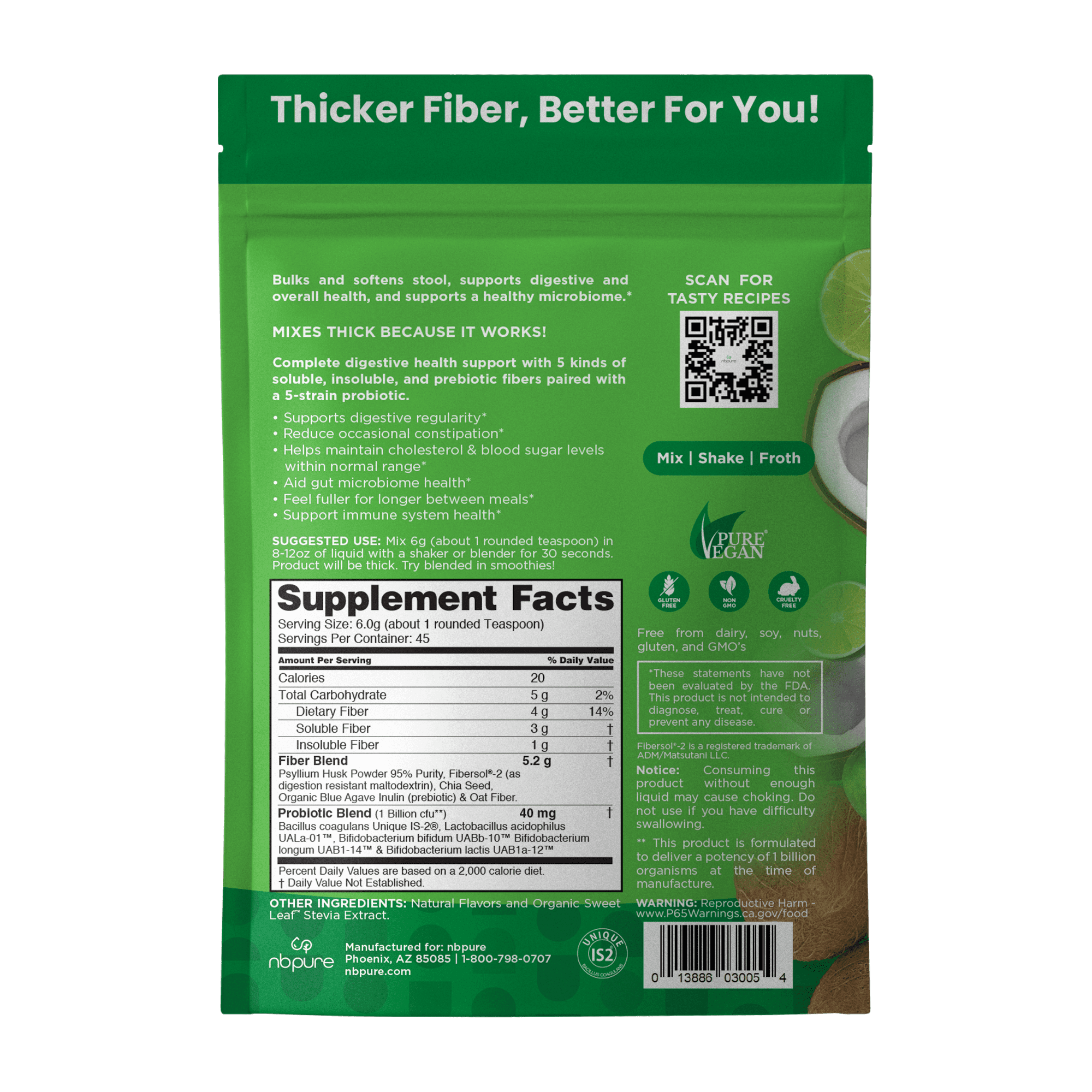 NBPure Daily Multi-Fiber Powder with Soluble and Insoluble Fiber and Pre and Probiotics, Coconut Lime, 45 Servings
