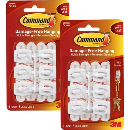 Mini Snap Gate Hook - Command Mini Hooks, White, 6 Hooks, 8 Strips, 2 pack
