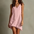 thumbnail image 4 of PRINxy Women's V Neck Spaghetti Strap Fringe Trim Cotton Linen Dress Asymmetric Hem Casual Short Dress for Summer Beach Vacation Pink XXL, 4 of 9