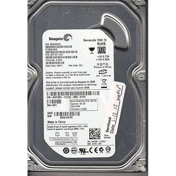 ST380815AS, 5RW, WU, PN 9CY131-037, FW 4.ADA, Seagate 80GB SATA 3.5 Hard Drive