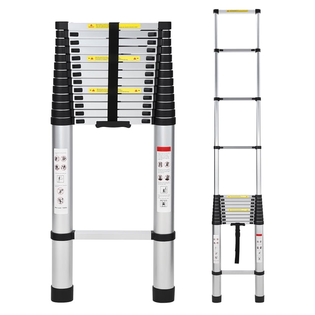 12.5ft/15.5ft/20.5ft Aluminum Telescoping Ladder, Extension Ladder with Safety Lock, Collapsible Ladder for Home Work RV Outdoor Silver