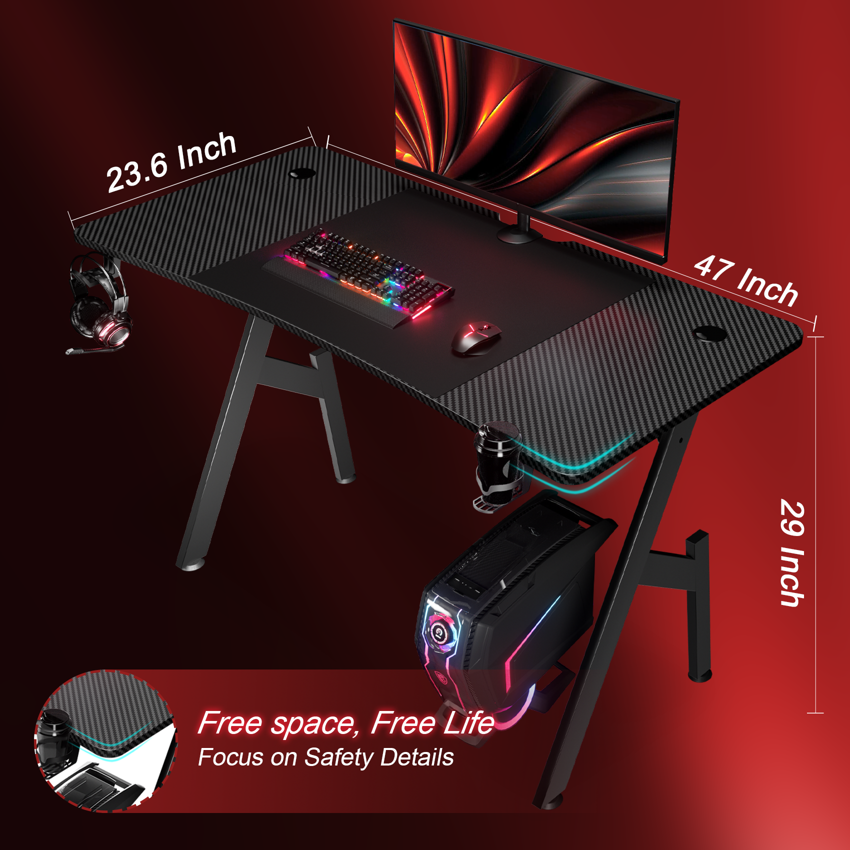 HLDIRECT 47" Gaming Desk with Curved Top and Cable Management photo 4