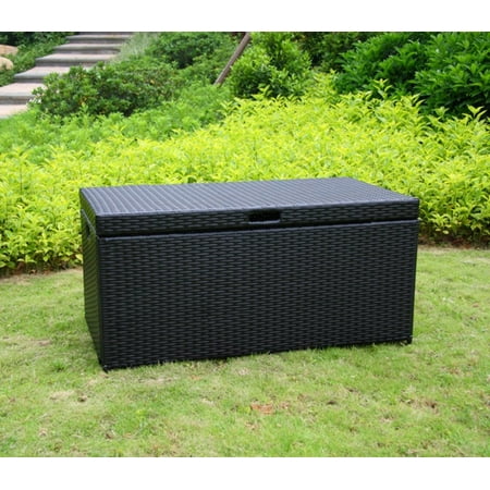 40" Black Resin Wicker Outdoor Patio Garden Hinged Lidded Storage Deck Box