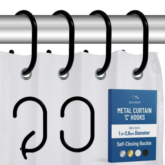 Ganchos para cortinas de ducha Blau Marité 12 de metal en forma de C, color negro