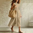 thumbnail image 6 of Women Solid Sleeveless Pleated Midi Dress, Front Button Split Flowy Long Dress, Summer Casual Vacation Sundress Khaki XL(XL), 6 of 6