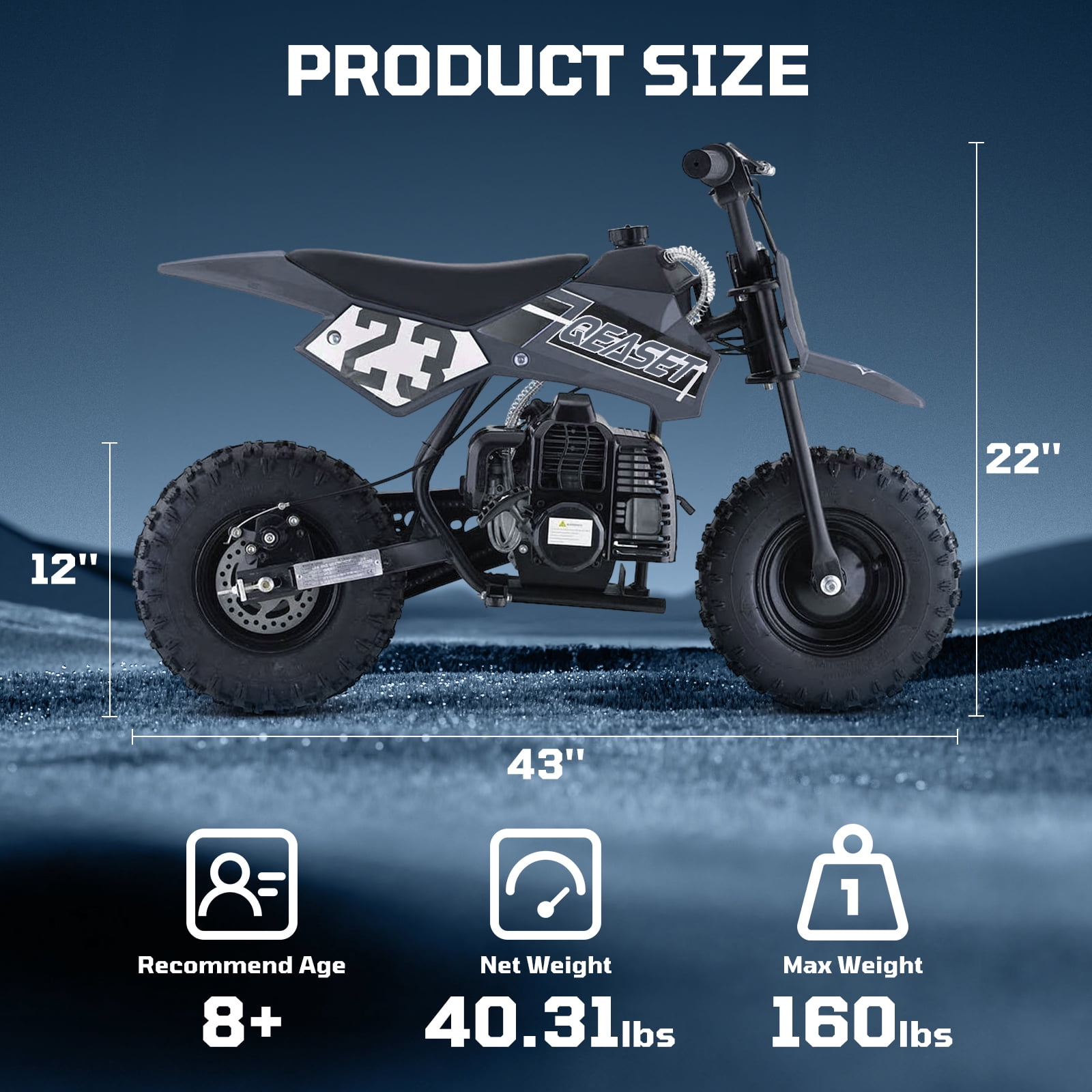 QEASET Mini Off-Road Dirt Bike, 49 CC 2-Stroke Gas Bike with Off-Rode Tire, Suspensions, Disc Brakes, Max Load 160Lbs, Max Speed 18Mph, Blac