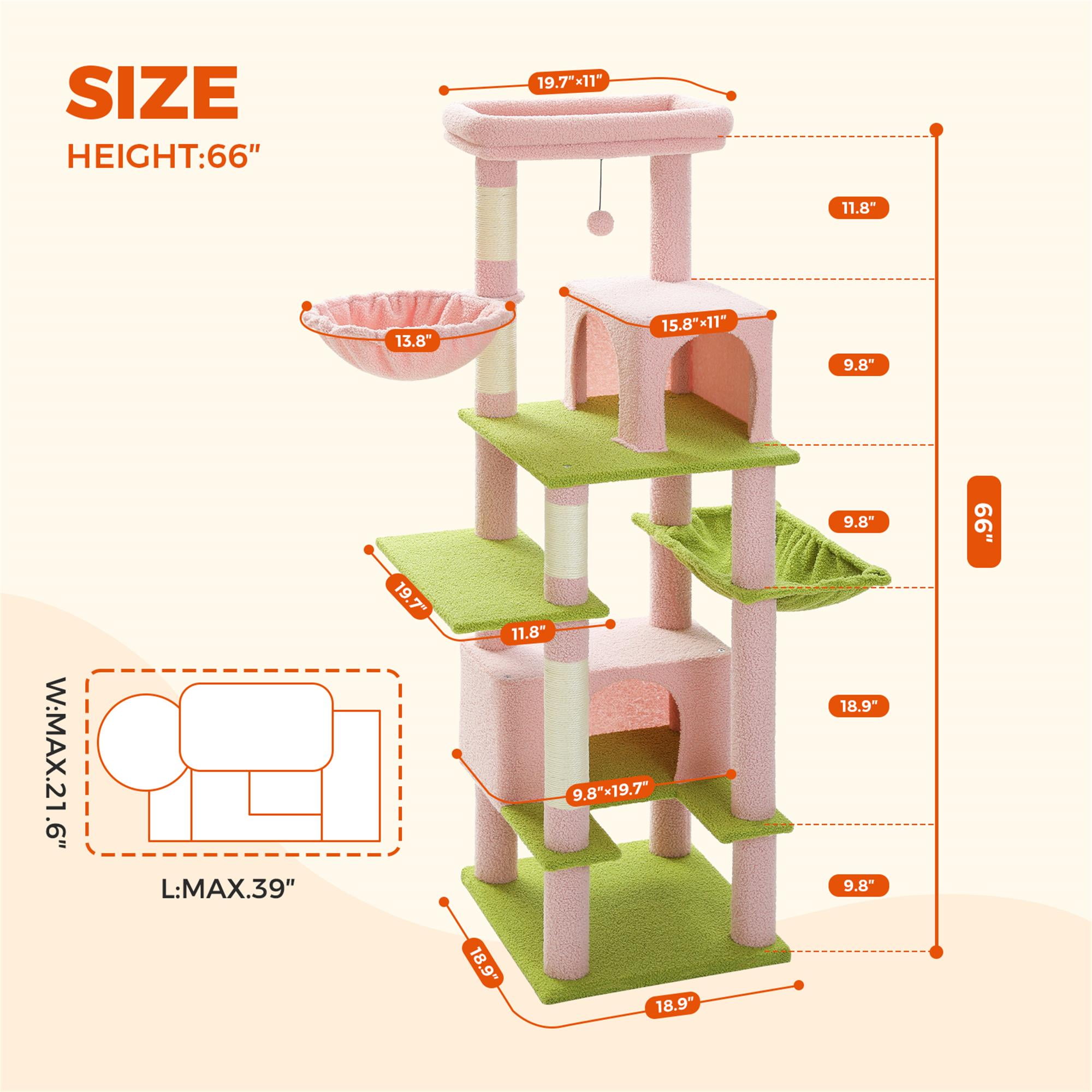 Kadyn 66" Cat Tree Tower for Big Cats, Cat Tree House Furniture with Hammock, Indoor Cat Condo for Adult Cats, Pink