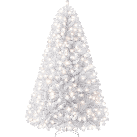 Alden Design 7.5Ft Pre-lit Artificial Christmas Tree with Foldable Stand, White