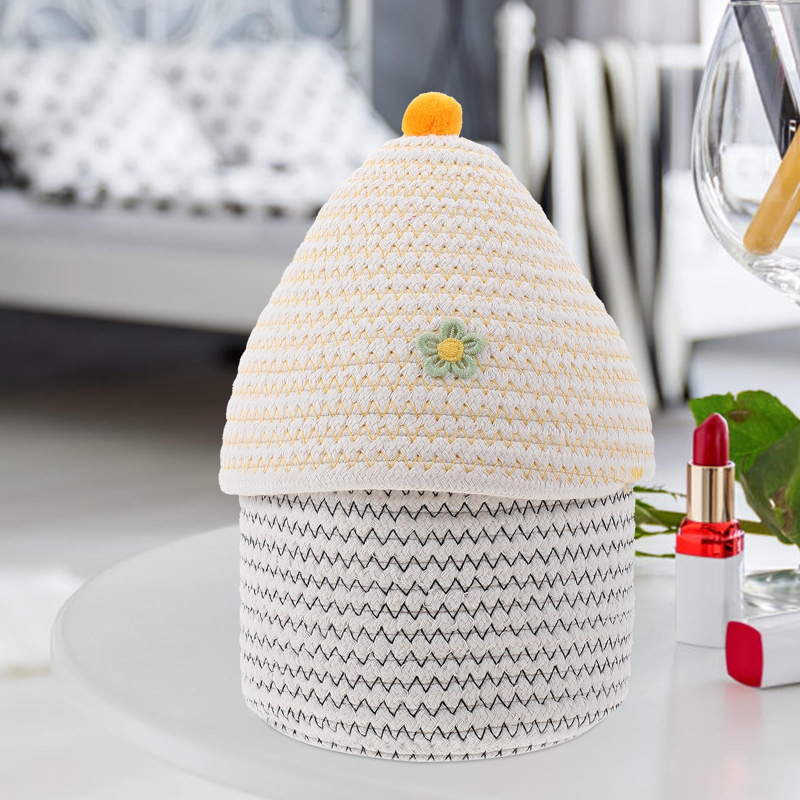 GETAJGHSD Lidded Cotton Storage Basket Yellow Small Woven Organizer for Living Room and Bedroom