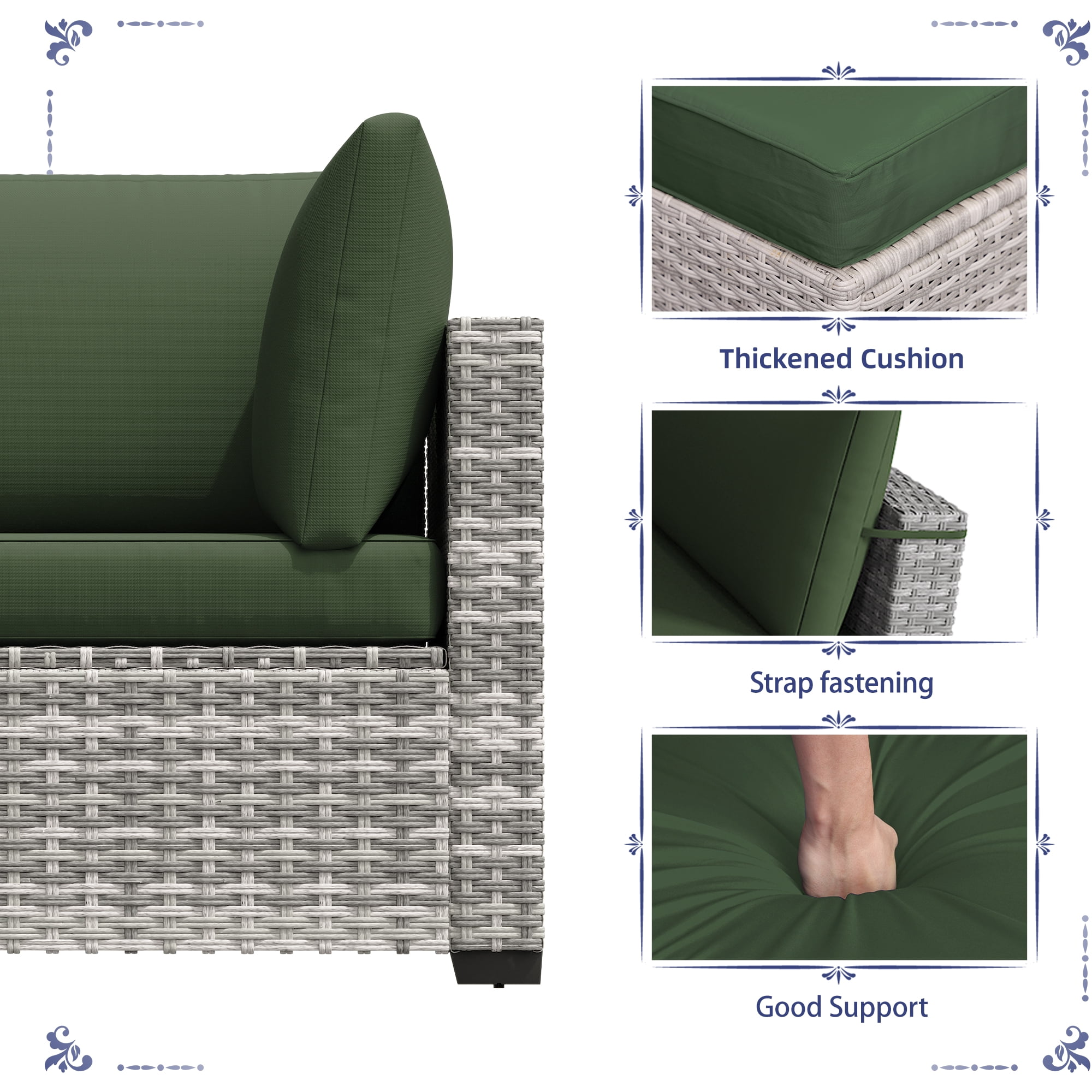 KIGOTY 7 Piece Outdoor Patio Furniture, Wicker Rattan Outdoor Conversation Set Sectional Sofas for Backyard, Garden,Grayish-White Dark Green