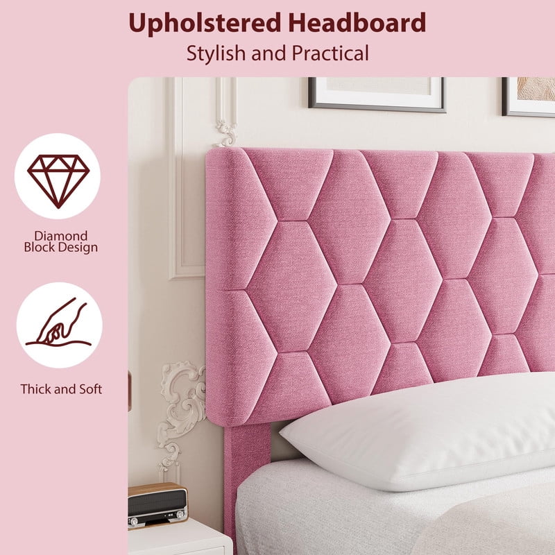Kicctian Pink King Bed Frame with Upholstered Headboard, Heavy-Duty Platform Bed with Strong Wood Slats, No Box Spring Needed, Noise Free, Easy Assembly