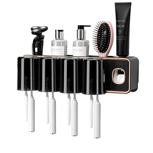 Toothbrush Holder Wall Mounted For Bathroom With Automatic Toothpaste Dispenser And Toothbrush Cup Tray