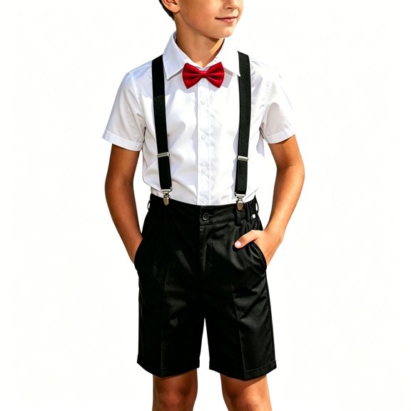 Fesfesfes Big Boys 2-15 Years Old Outfit Set,Summer Academy Style 4-Piece Suit,Short Sleeve Collared Shirt with Suspenders Tie,Pocketed Shorts Formal Gentleman Kids Clothing